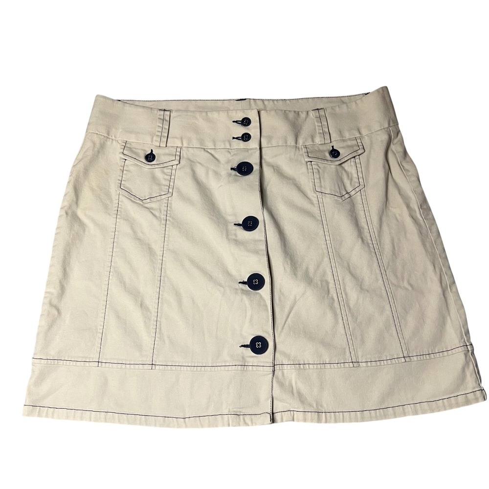 LL Bean Khaki Tan Canvas Button Front Mini Skirt Navy Contrast Stitching 16 Reg - Picture 1 of 6